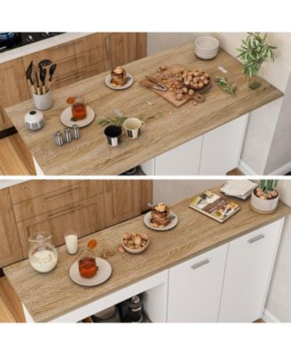 kitchen island with 2 doors, 1 drawer, dining table, coffee station & microwave rack—white wooden design for home or dining room.