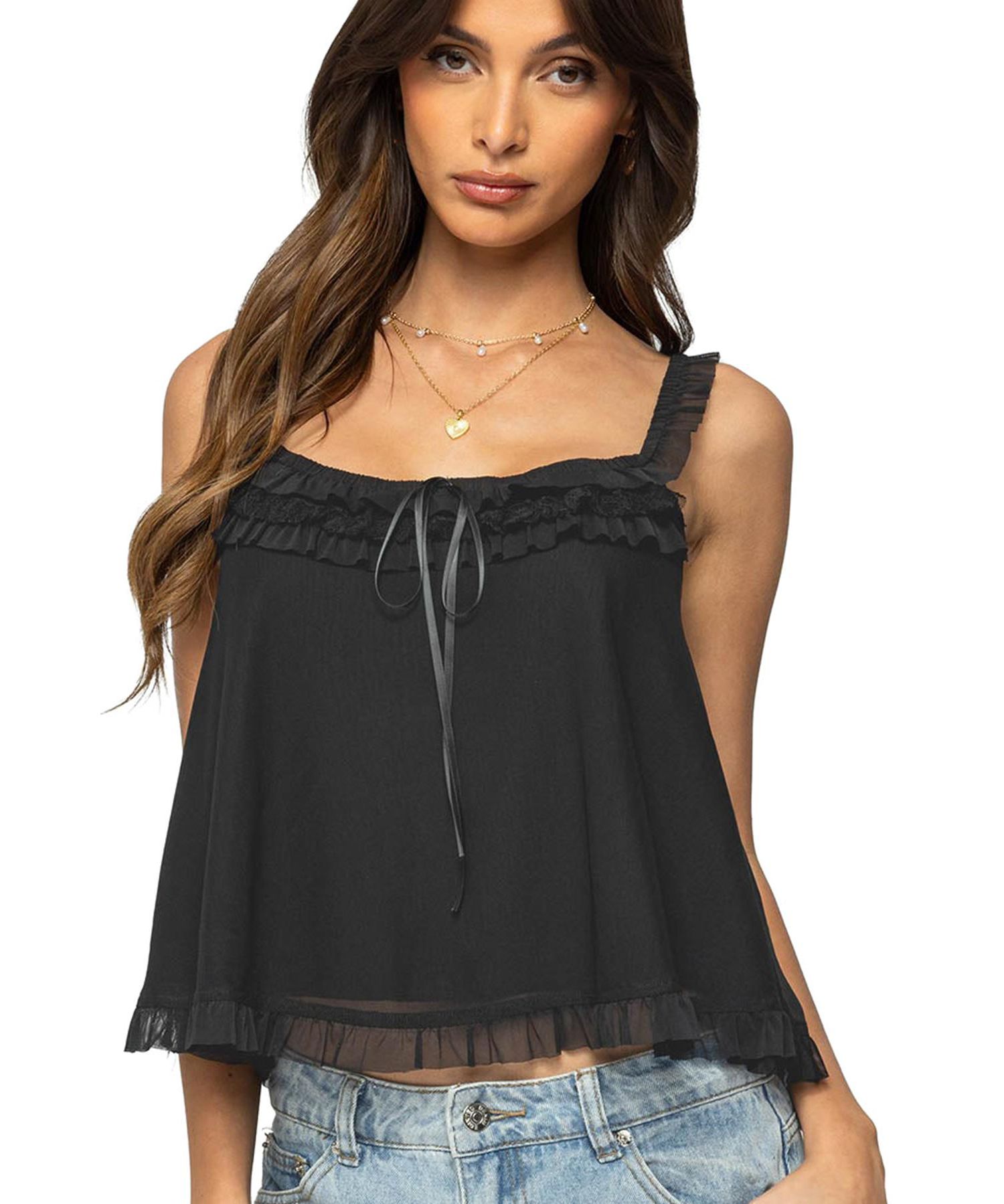 Women's Ruffle Mesh Babydoll Tank Top