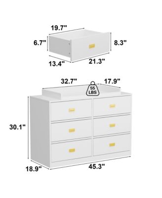 Changing table with six drawers, baby changing station with changing table top and drawers, white wood