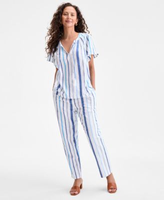 Style & Co Women's Cotton Stripe Split-Neck Flutter-Sleeve
