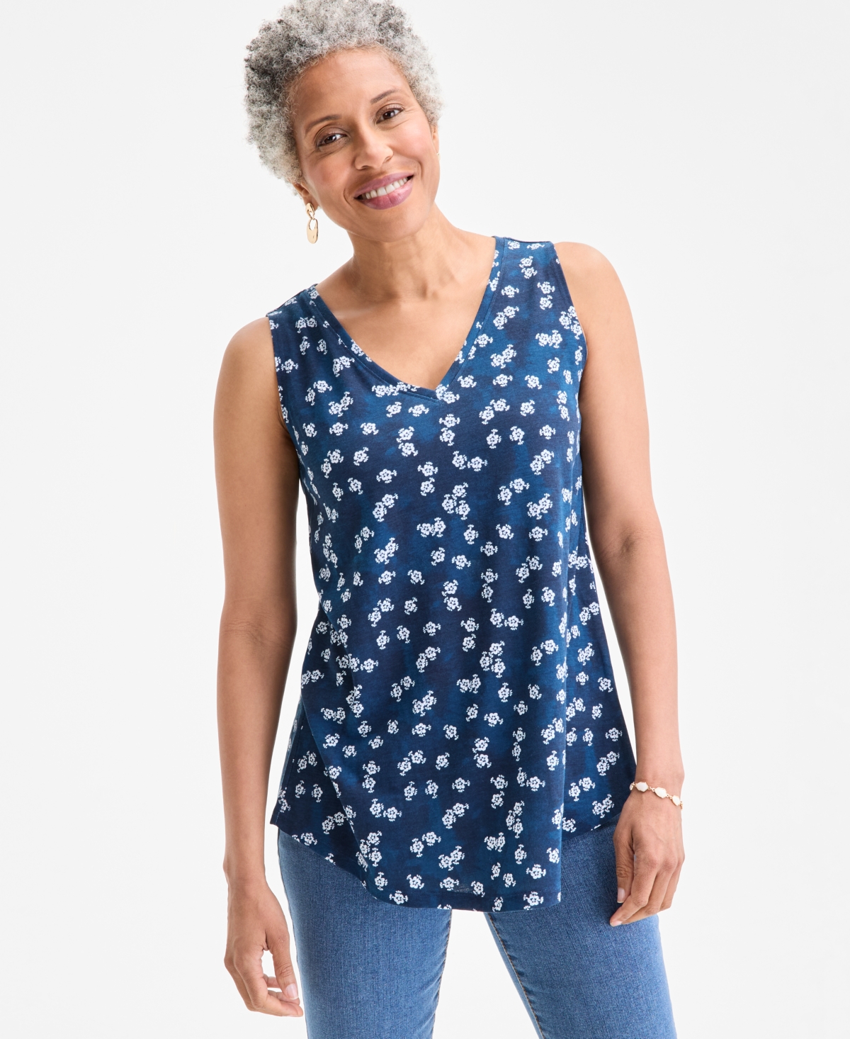 Women's Printed V-Neck Tank, Exclusively at Macy's - Navy Floral