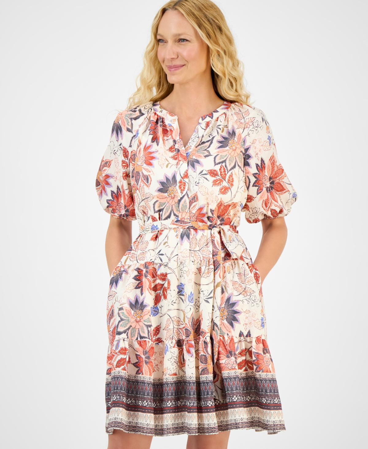 Julia Jordan Tiered Tie Waist Puff Sleeve Dress In Multi