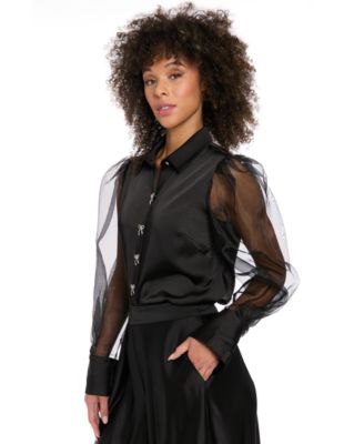Muse - Women's Bow-Button Sheer Bishop-Sleeve Blouse