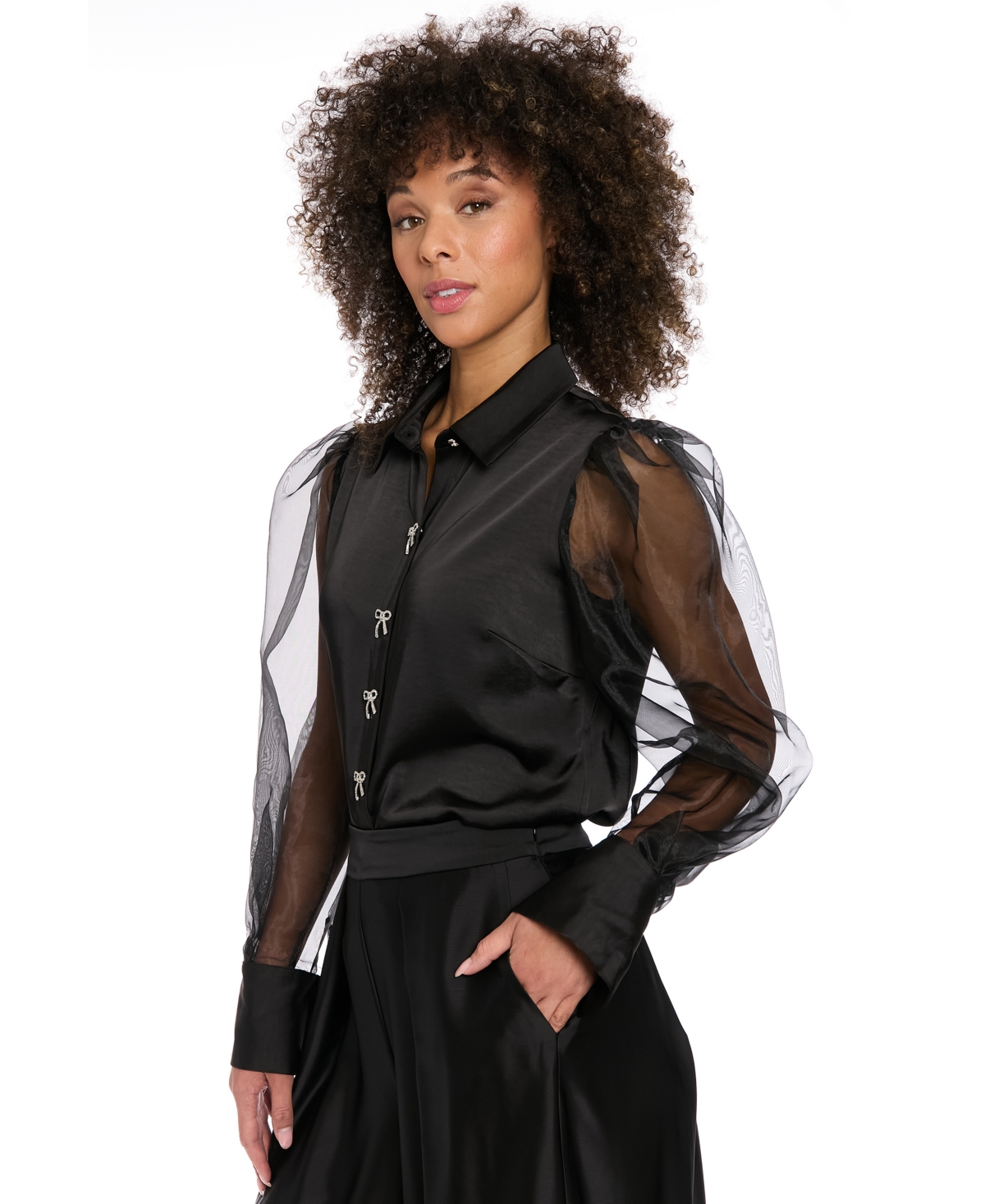 Muse Women's Bow-button Sheer Bishop-sleeve Blouse In Black