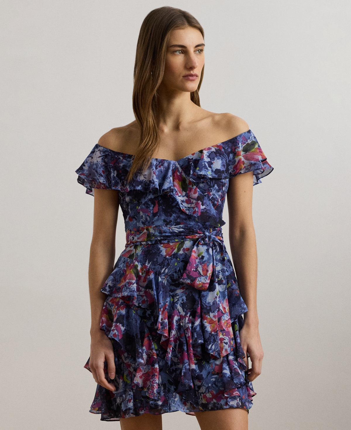 Ralph Lauren Print Off-the-shoulder Cocktail Dress In Blue