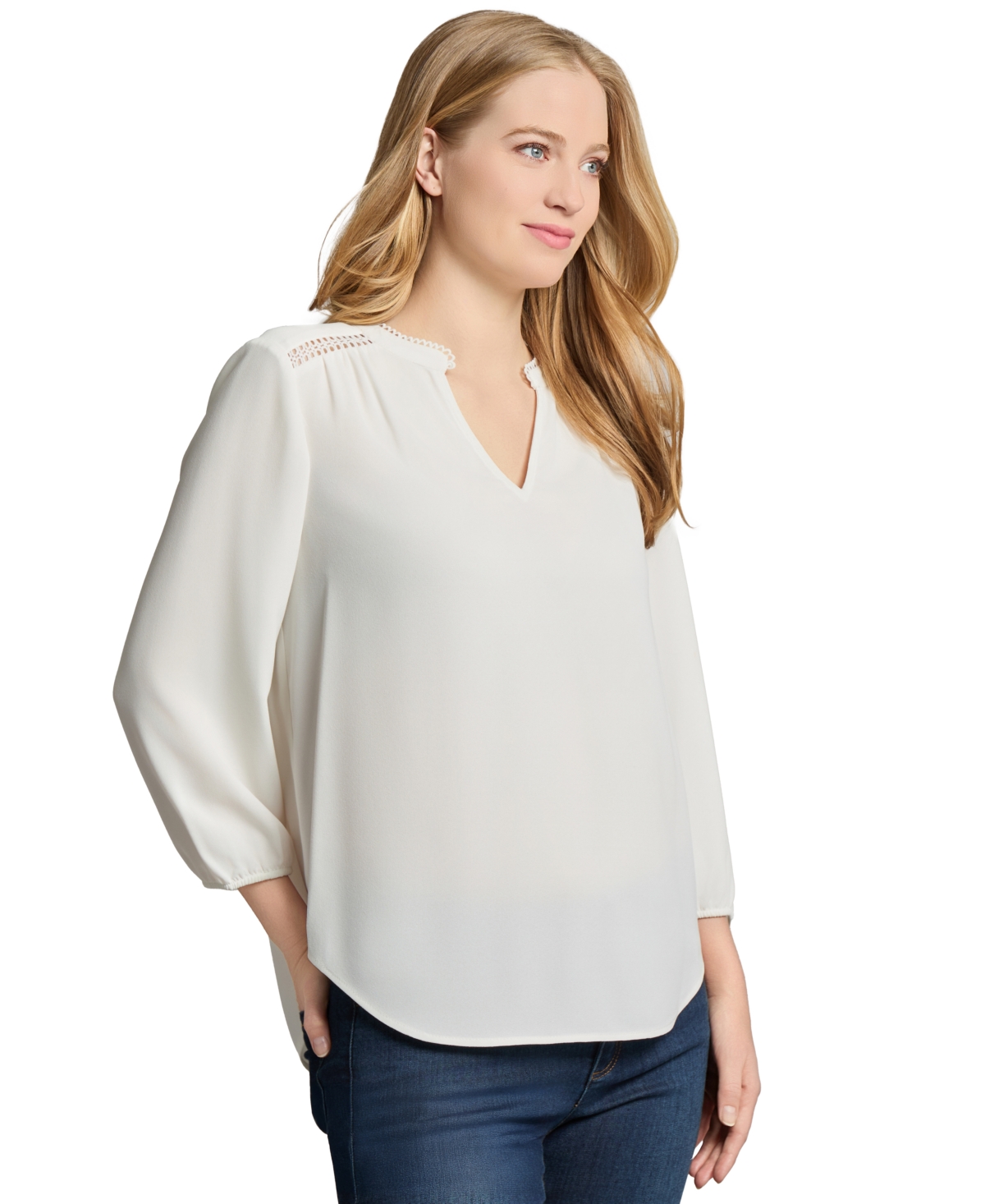 Jones New York Embroidered Accent Popover Top In White