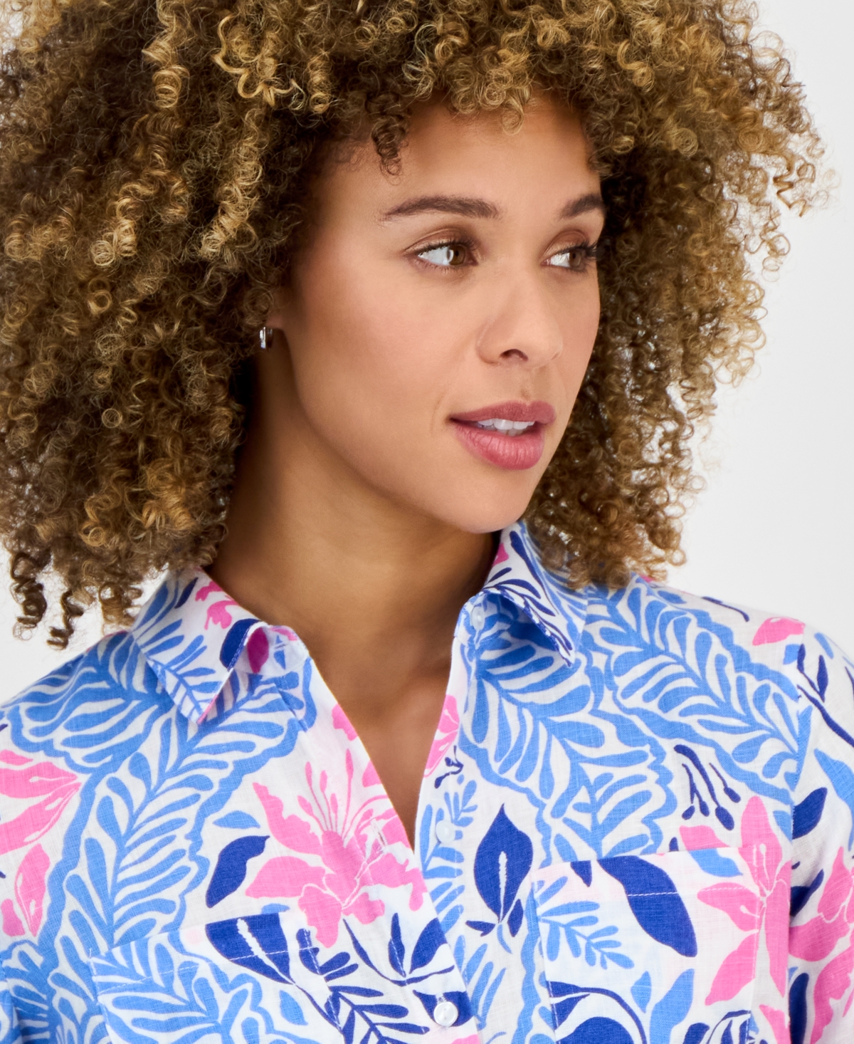 CHARTER CLUB WOMEN'S PRINTED 100% LINEN ROLL-TAB SHIRT, EXCLUSIVELY AT MACY'S 