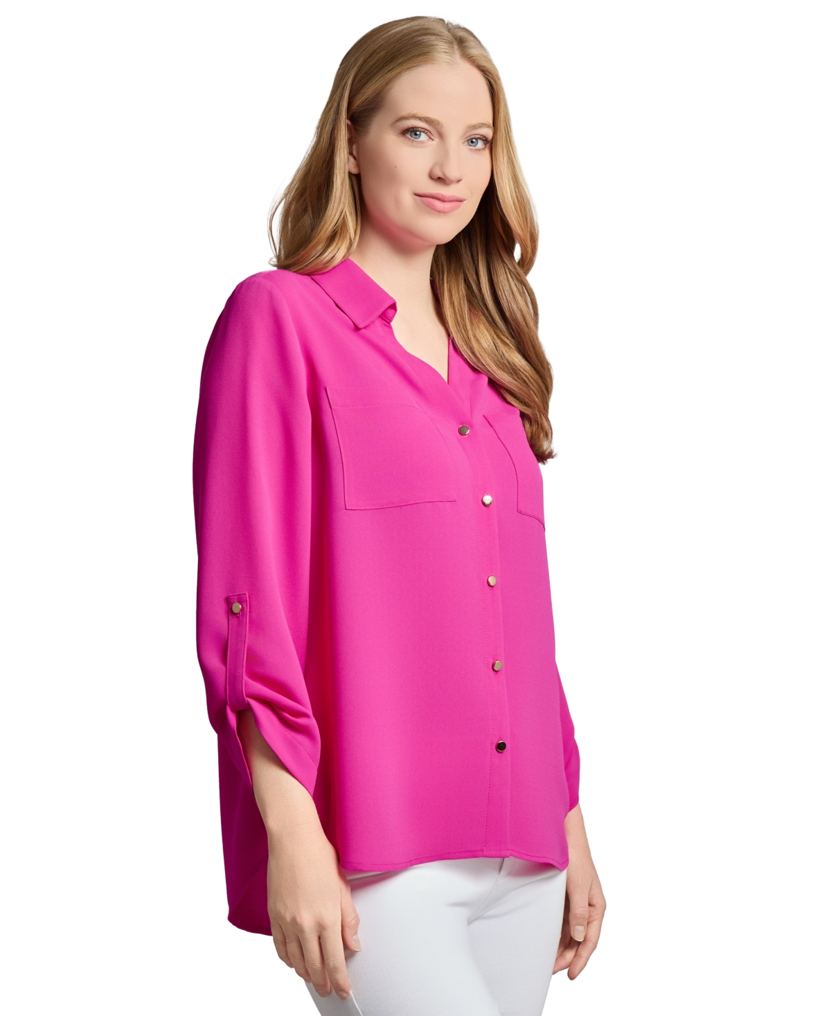 Jones New York Roll Tab Sleeve Button-up Shirt In Pink