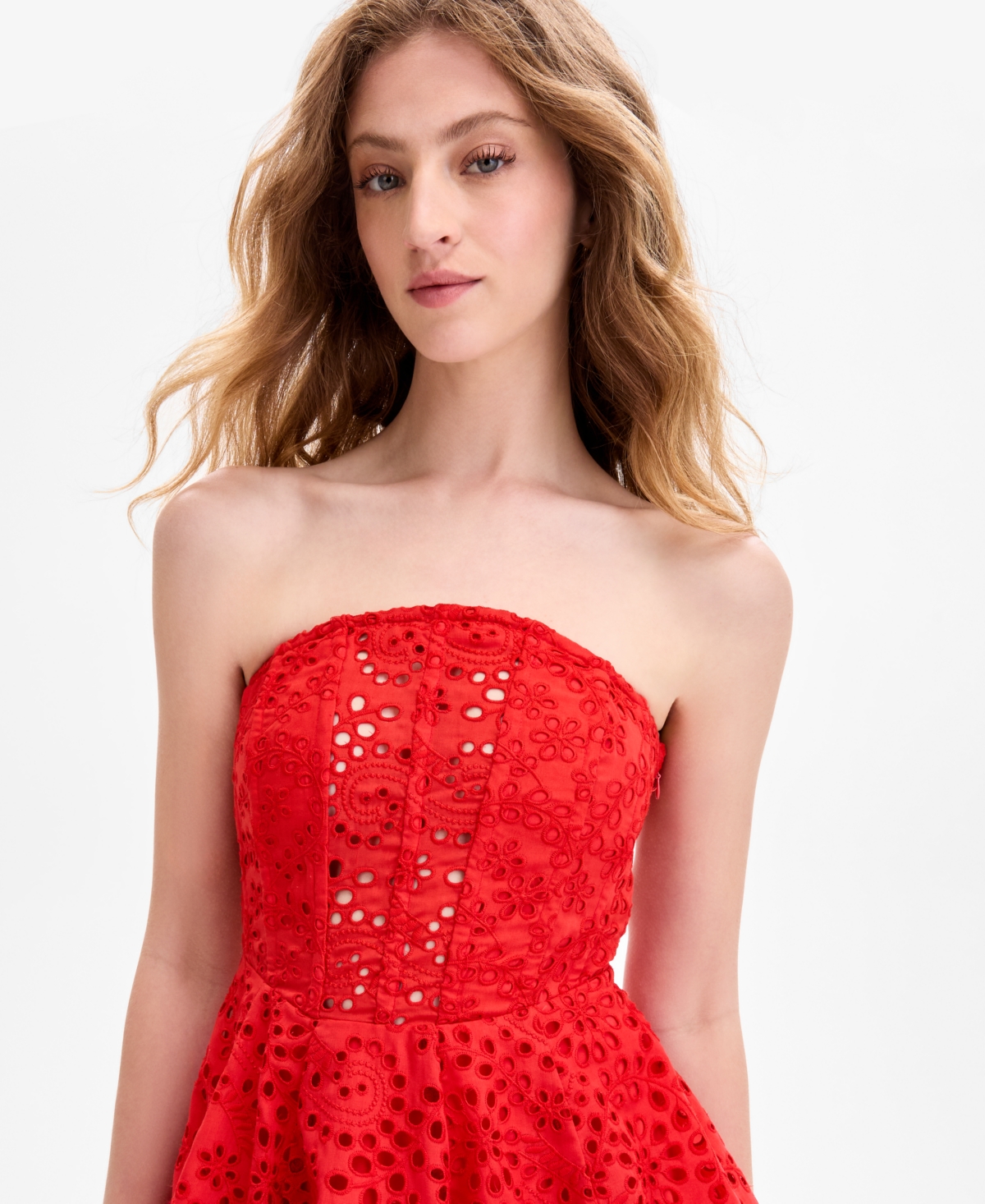 Astr The Label Deasia Eyelet Embroidery Strapless Minidress In Red