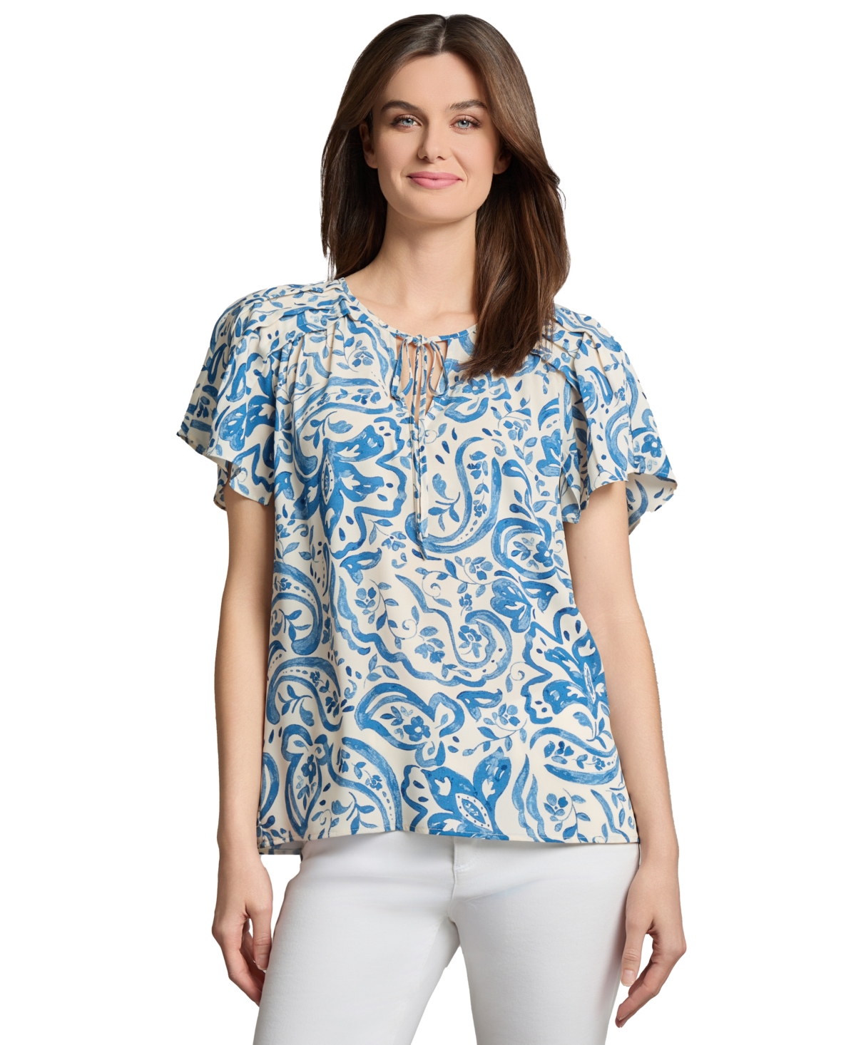 Women's Flutter-Sleeve Tie-Neck Top - Mystic Blue Multi