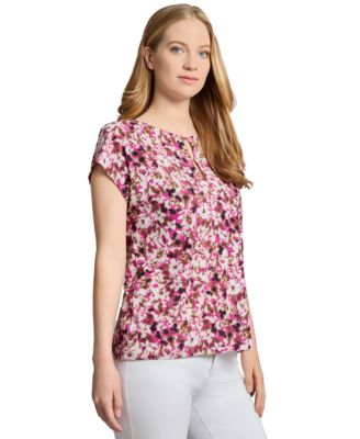 Women's Printed Keyhole Extended-Shoulder Top