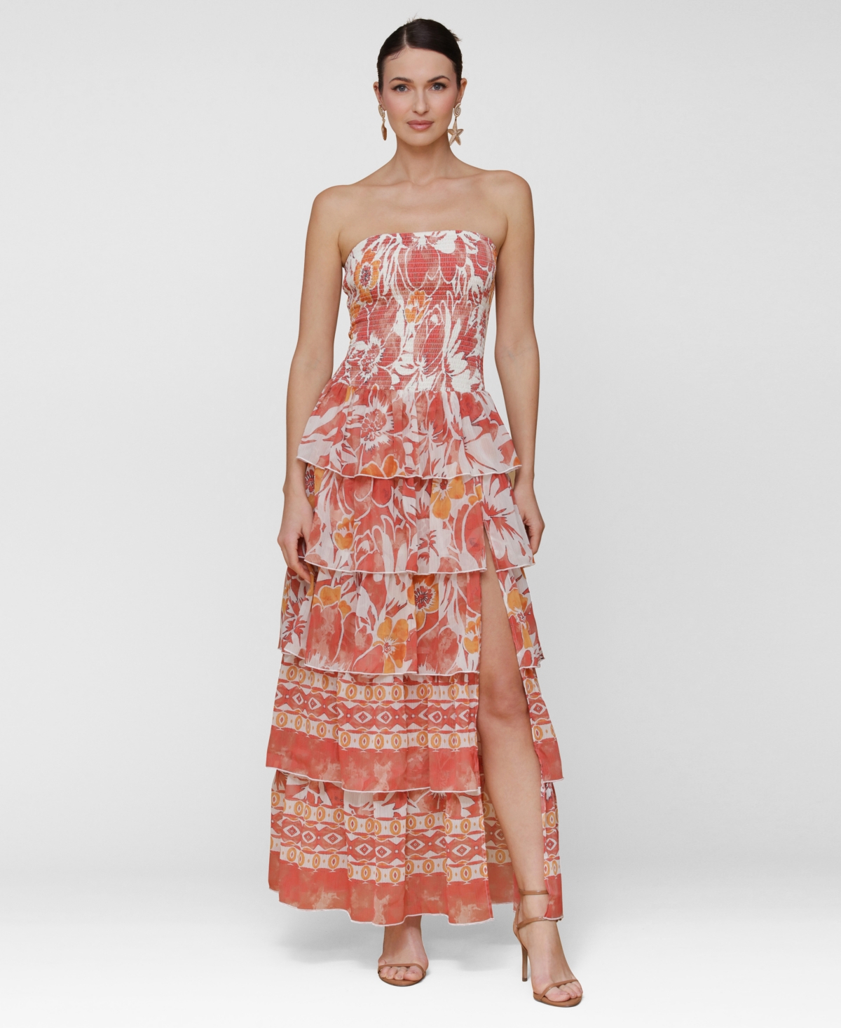 Avec Les Filles Mixed Print Strapless Tiered Maxi Dress