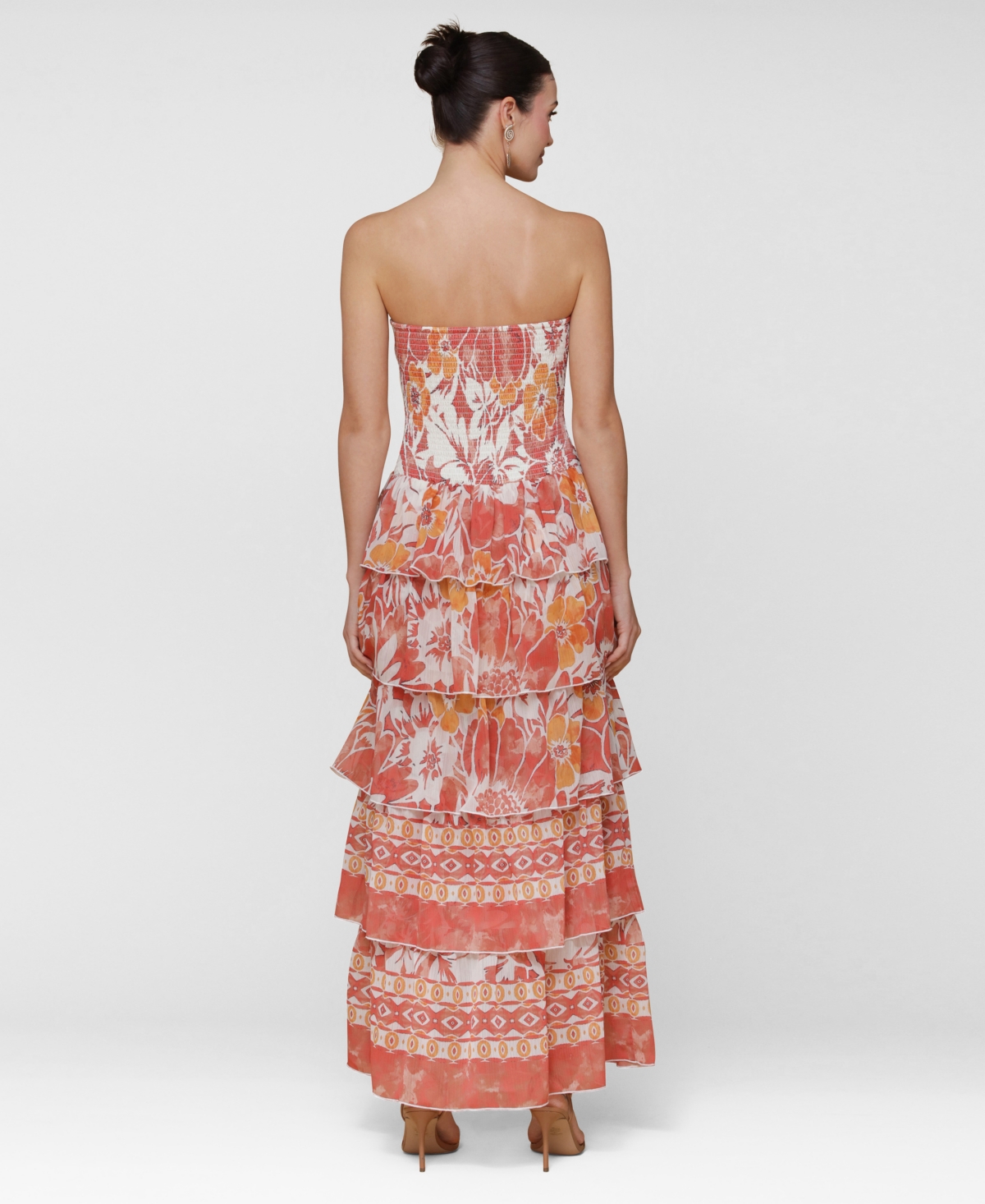Avec Les Filles Mixed Print Strapless Tiered Maxi Dress