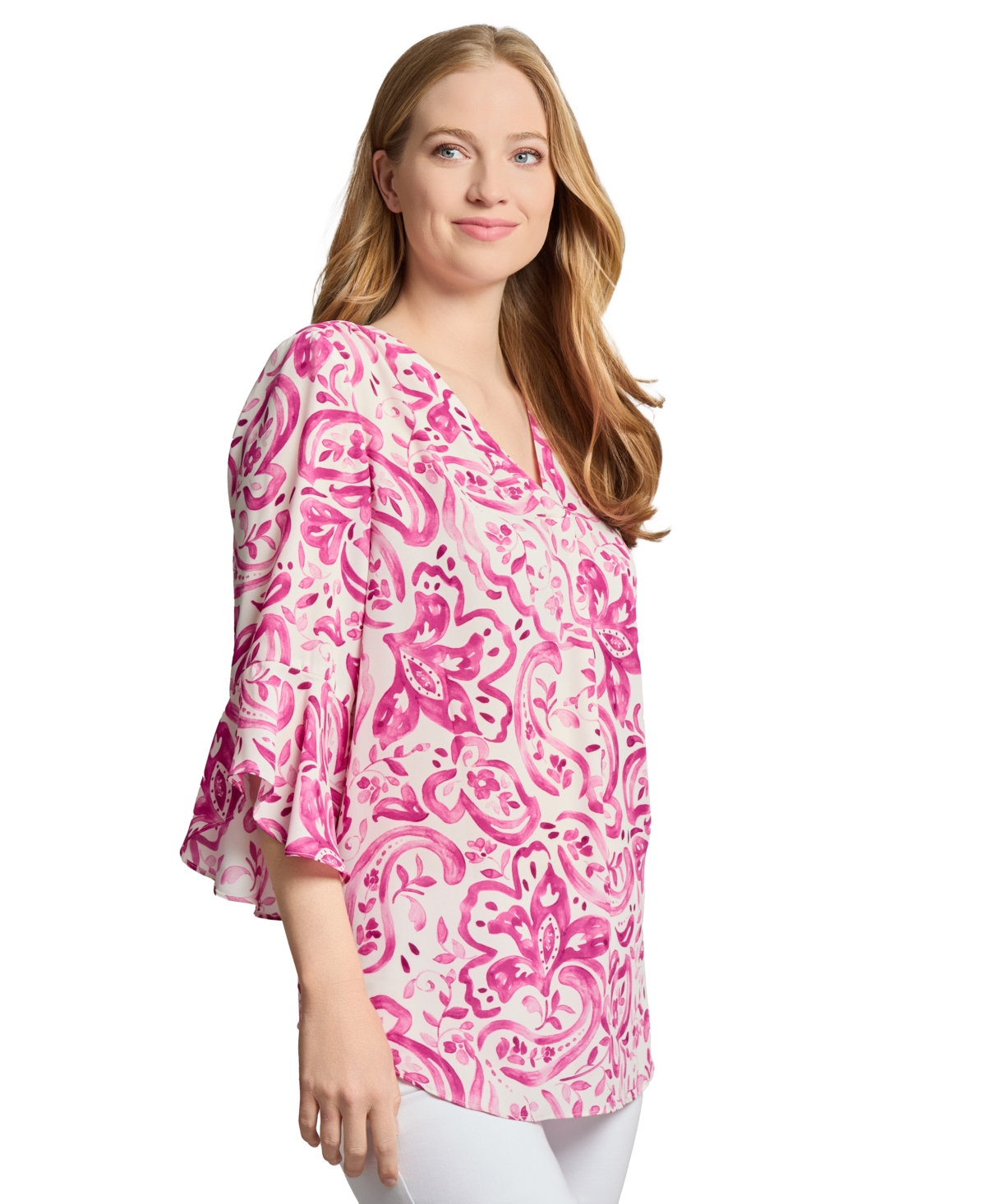 Jones New York Petite Paisley-print V-neck Bell-sleeve Top In Multi