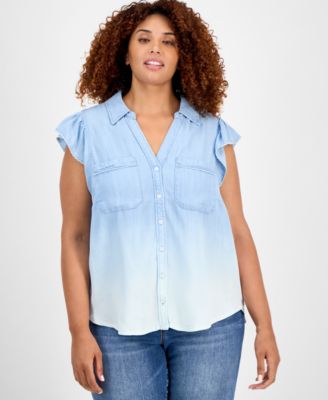 Democracy - Trendy Plus Size Collared Flutter-Sleeve Top
