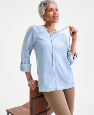 Petite Cotton Split-Neck Long-Sleeve Shirt, Exclusively at Macy's