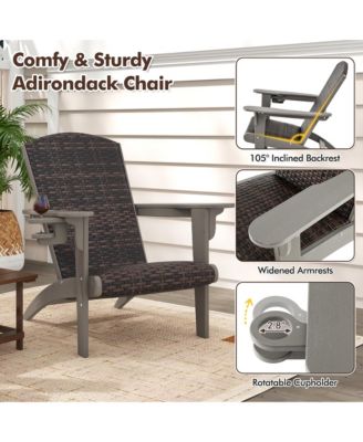 Set of 2 Adirondack Chair w/ Rattan Padded Seat and Back Wide Hidden Cupholder Patio