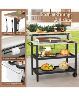 Rolling Bar Cart with Flip-up Table and Hooks for Kitchen