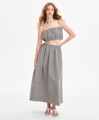 Womens Gingham Crop Top Gingham Ruched Waist Midi Skirt