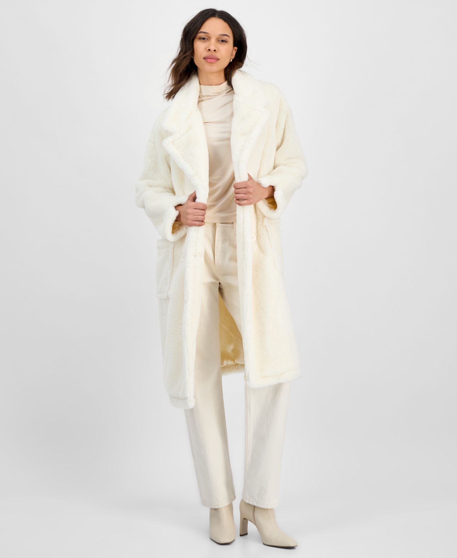 Juniors' Faux-Fur Double-Breasted Coat