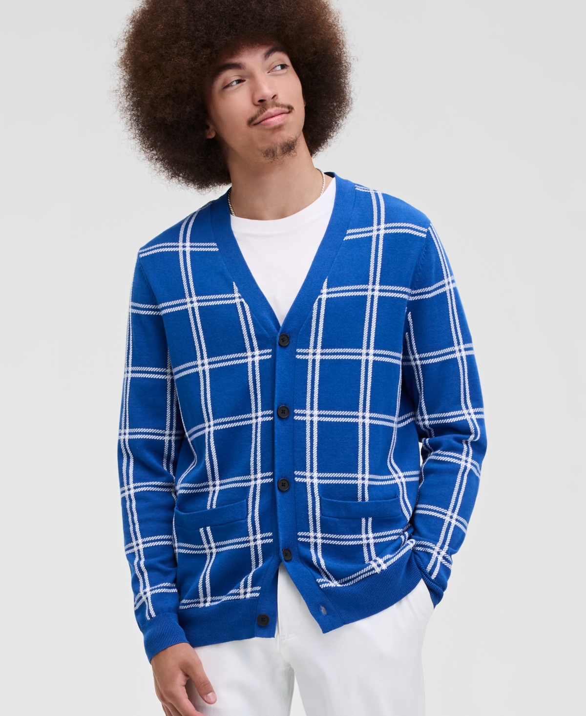 Men's Cotton Windowpane-Plaid Cardigan Sweater, Exclusively at Macy's - Black and Gold