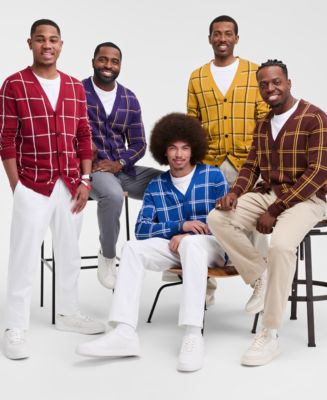 Club Room Men's Cotton Windowpane-Plaid Cardigan Sweater