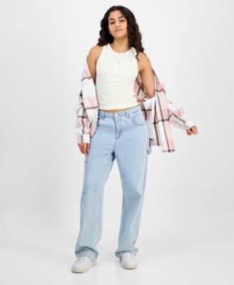 Juniors' Girlfriend Frayed-Hem Plaid Shirt