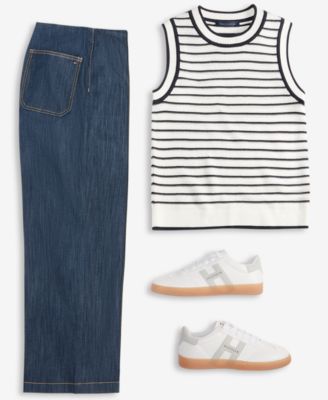 TOMMY HILFIGER WOMENS STRIPED BASKET WEAVE SLEEVELESS SHELL SWEATER WIDE LEG NO WAISTBAND CROPPED DENIM JEANS 