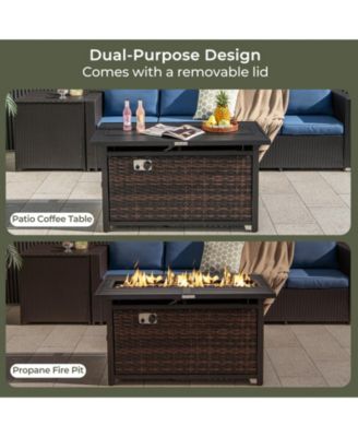 Propane Rattan Firepit Table with Glass Stones and Protective Cover