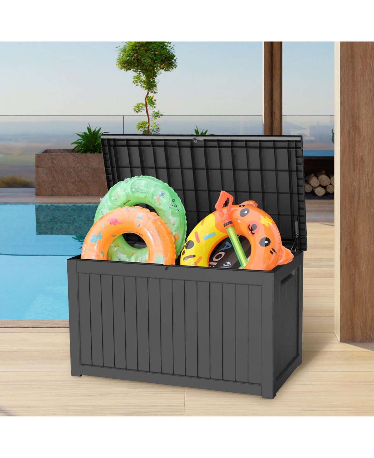 230 Gal. Black Resin Outdoor Storage Deck Box, Waterproof Large Outdoor Storgae Box
