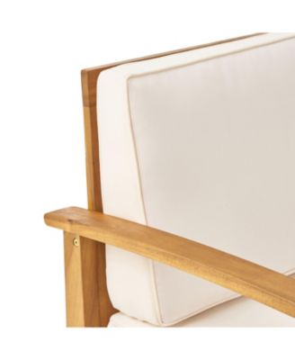 Acacia Wood Outdoor Lounge Chair with Cream White Cushion, Slat Panel Design Frame and Water-Resistant Cushion