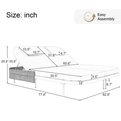 TREXM Outdoor Daybed Patio Rattan Daybed 5 Position Adjustable Backrest Removable Cushions White Frame