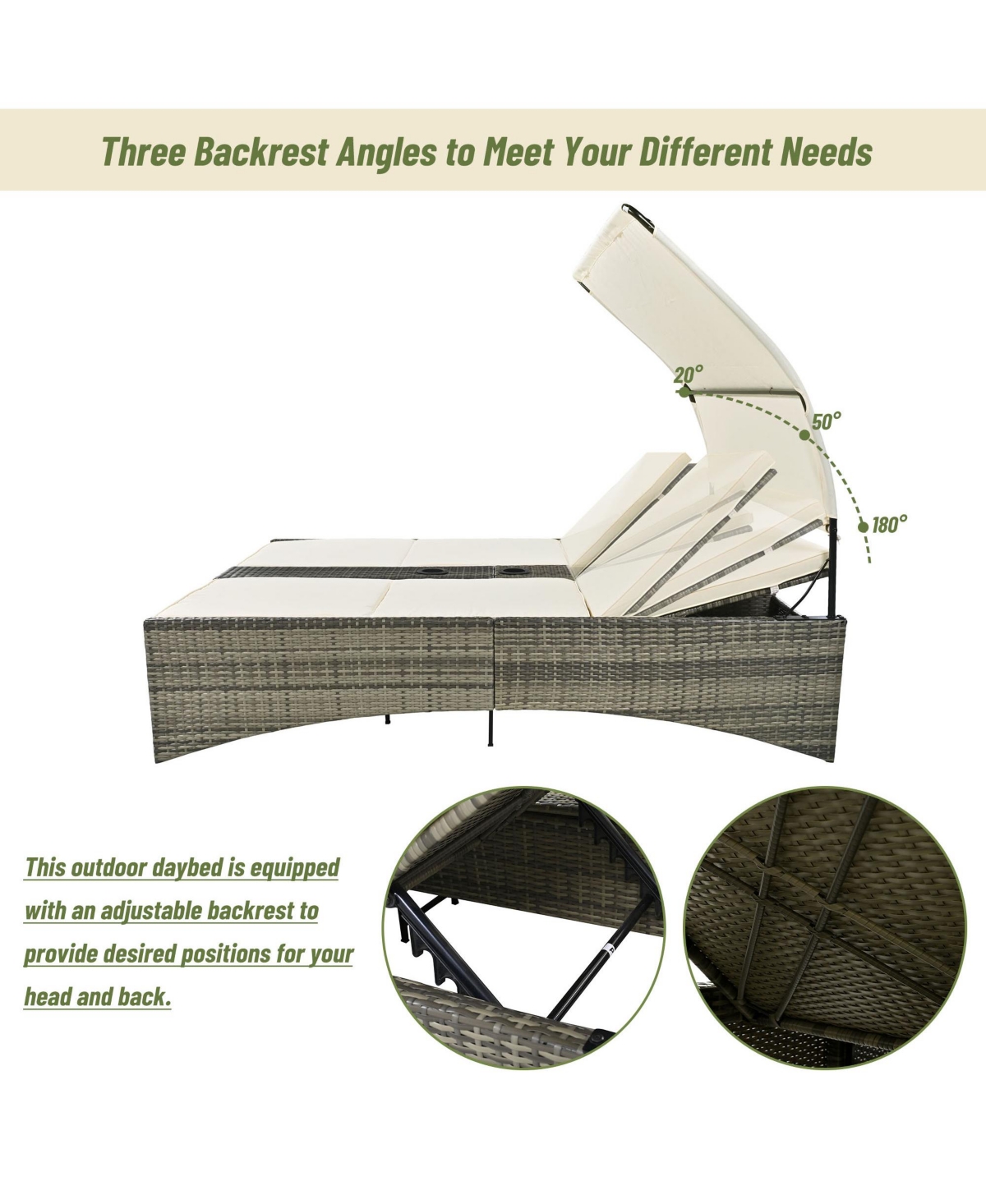 Outdoor Daybed Rattan Sun Lounger with Shelter Roof with Adjustable Backrest, Storage Box and 2 Cup Holders