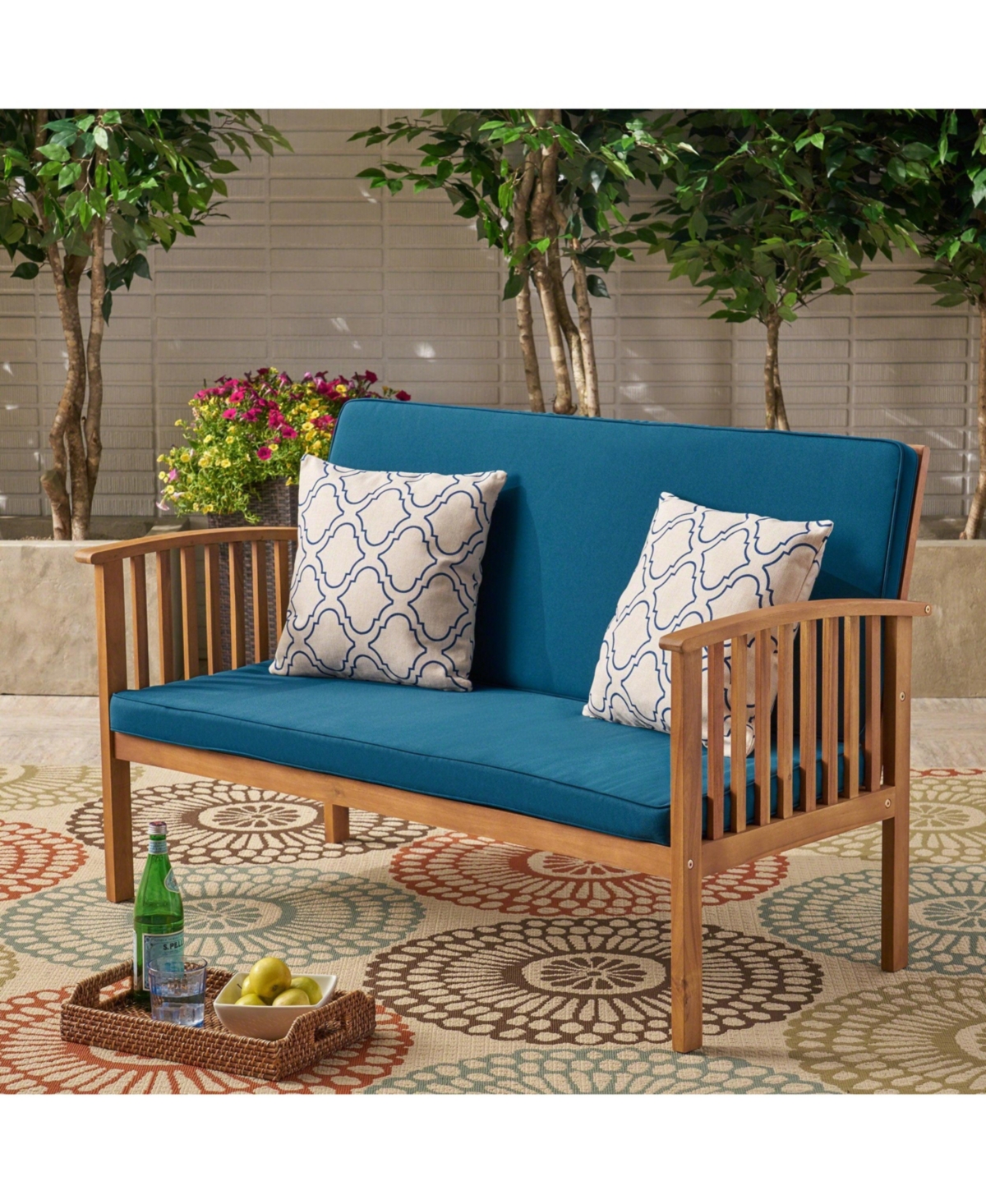 Outdoor Acacia Wood Couch with Teal Cushions Loveseat