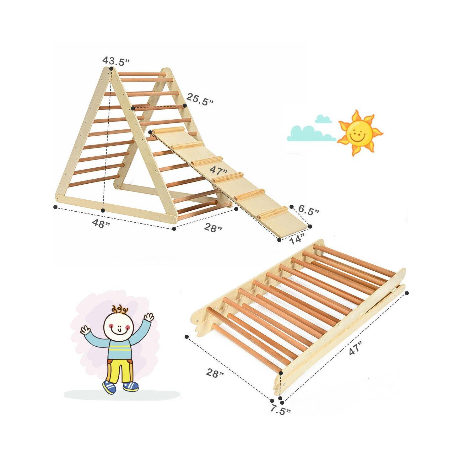 Foldable Wooden Triangle Climber with Reversible Ramp for Kids