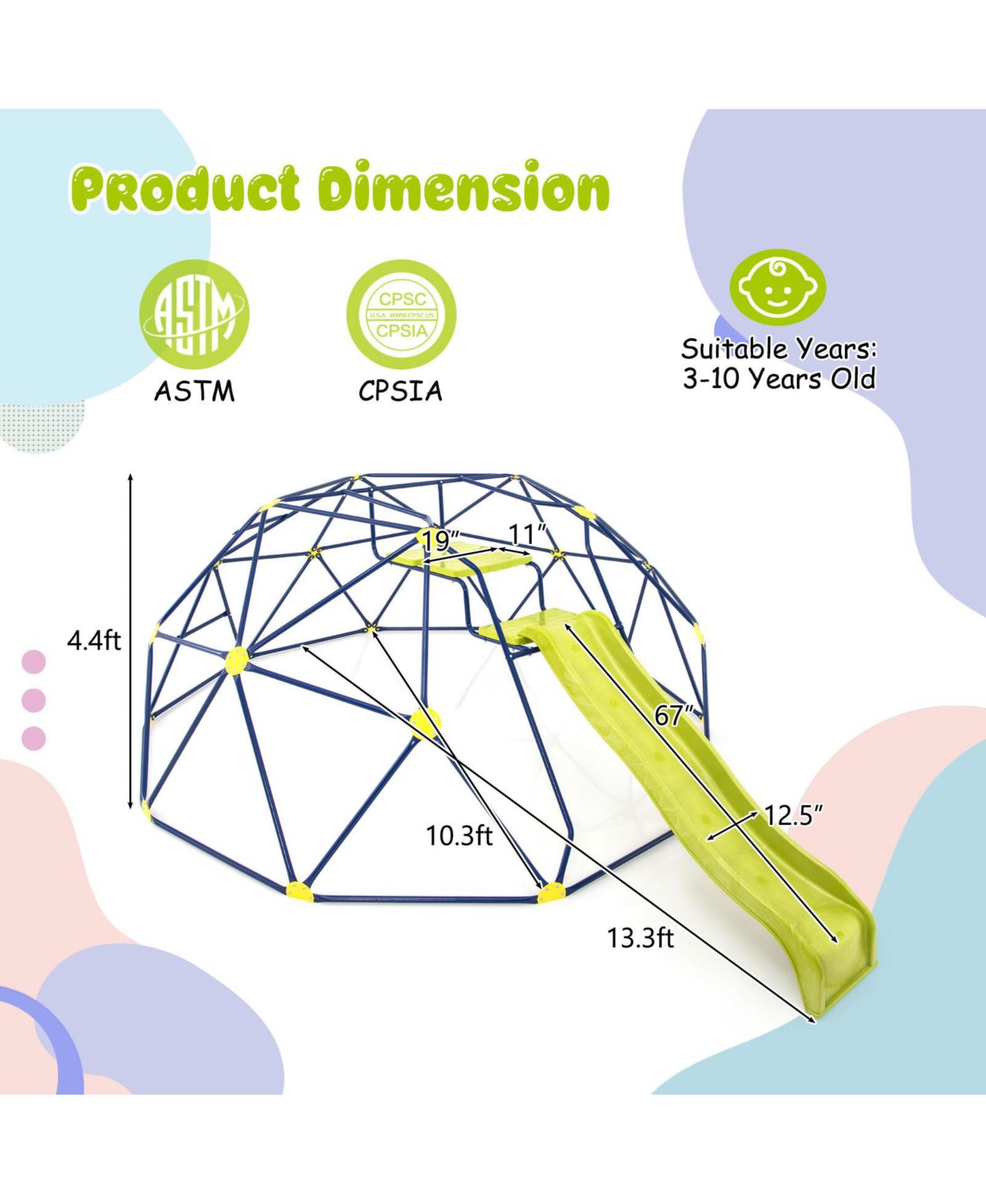 Детская игрушка Mecale Geometric Dome Climber 13.3 Ft with Extended Wavy Slide and 2 Rest Platforms, Ages 3-10, цвет: Синий — фото 2