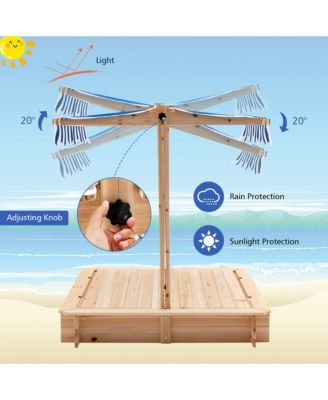 Kids Wooden Sandbox with Canopy & Foldable Bench Seats