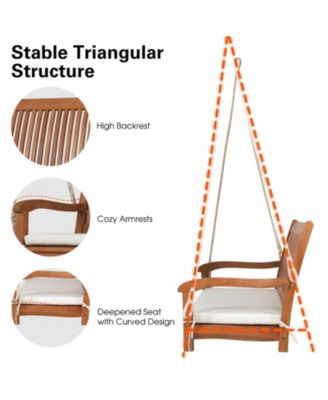 2-Person Hanging Porch Swing Wood Bench with Cushion Curved Back