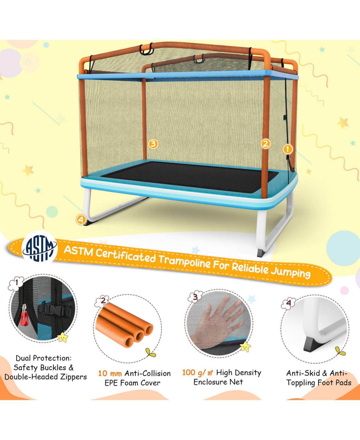 Детская игрушка Mecale 6 Feet Rectangle Trampoline with Swing Horizontal Bar and Safety Net, цвет: Оранжевый — фото 3