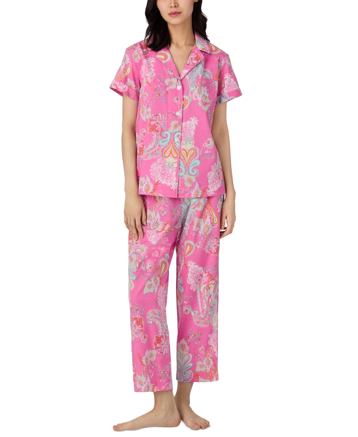 Shop Ralph Lauren Petite Short-sleeve Notch-collar Cropped Pajama Set