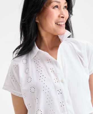 売れ筋商品|||スタイルアンドコー カットソー トップス レディース Women's Cotton Eyelet Button-Front Camp Shirt, Exclusively at Macy's Bright White Style & Co Women's Cotton Eyelet Button-Front Camp Shirt