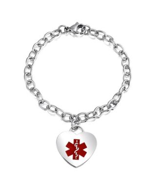 Link Chain Red Medical ID Bracelet with Heart Tag Silver Tone 7-7.5 Inch