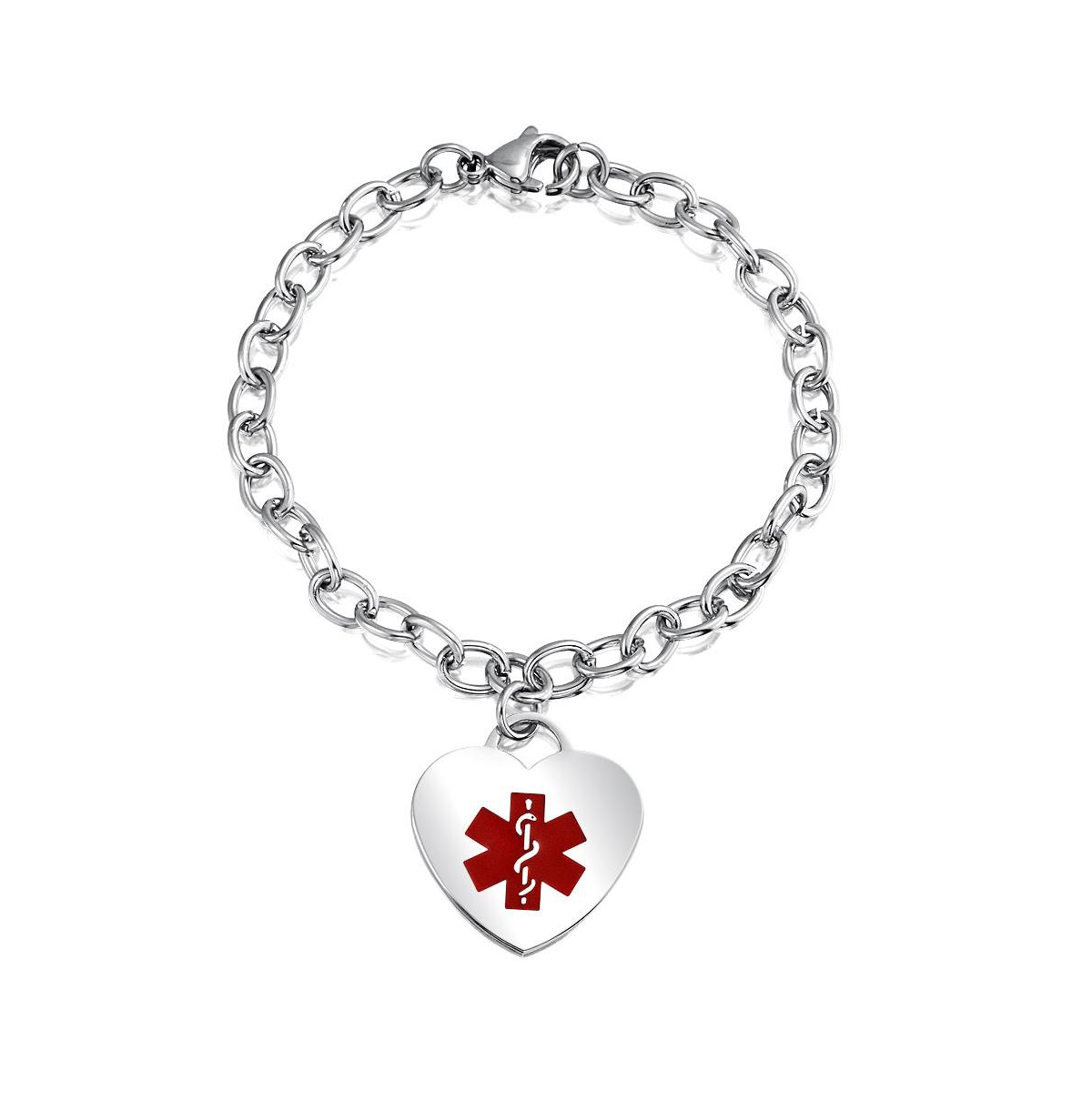Link Chain Red Medical Id Bracelet with Heart Tag Silver Tone 7-7.5 Inch - Silver tone