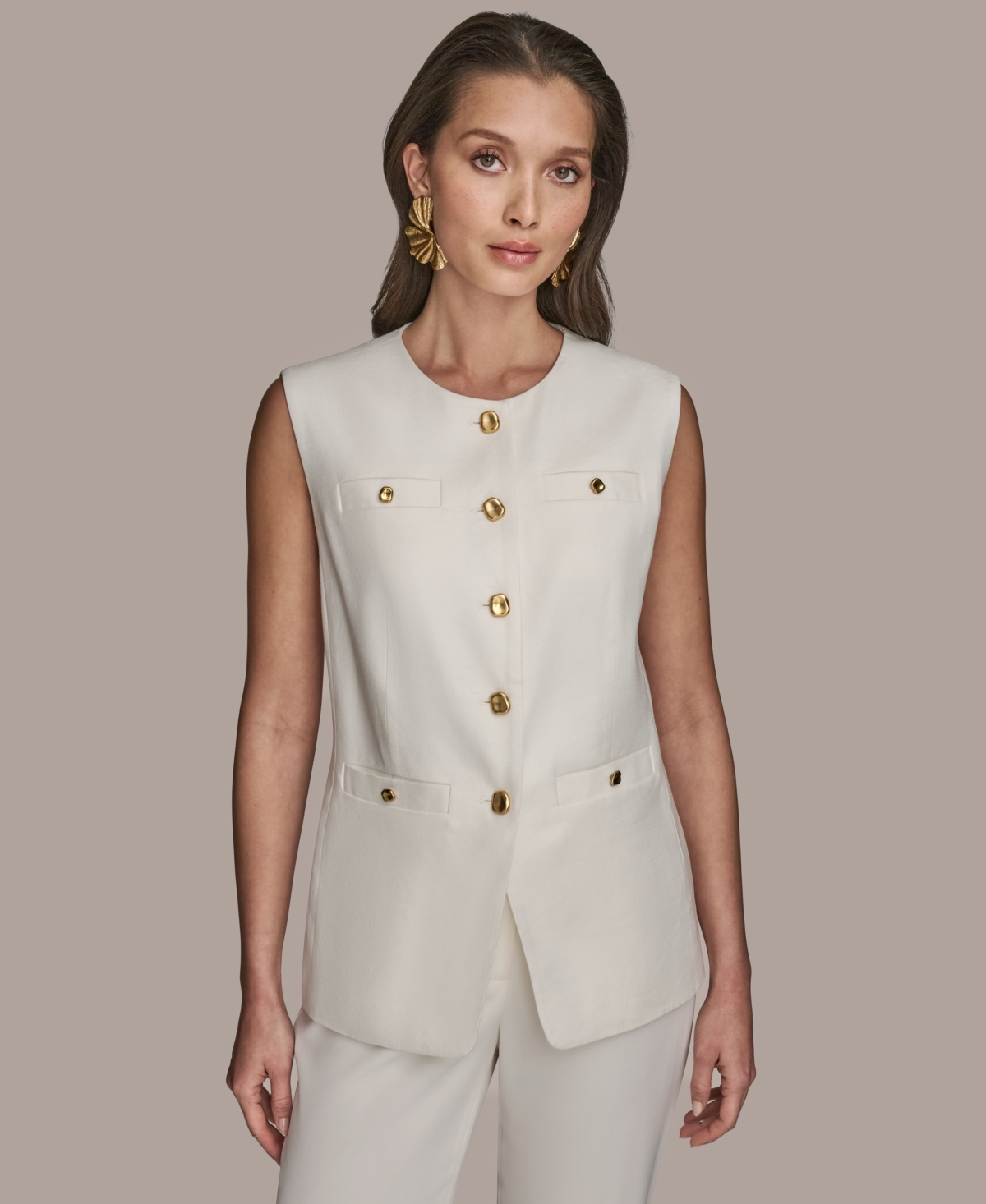 Women's Linen-Blend Collarless Vest - Cream