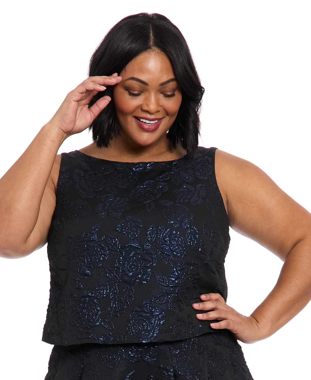 Plus Size Metallic Floral Jacquard Top - Black/Blue
