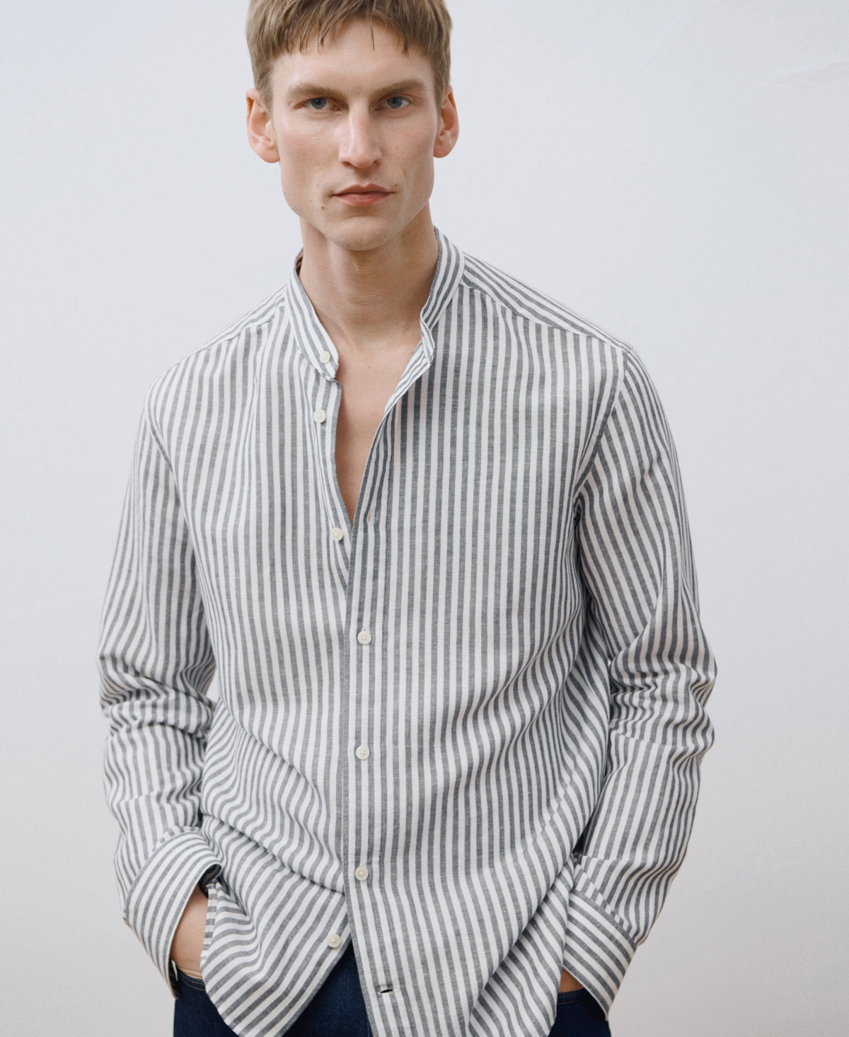 Mango Mandarin Collar Linen & Cotton Button-up Shirt In Gray