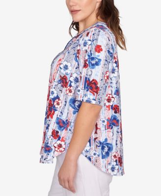 Plus Size Riviera Floral Stripe Print Knit Top