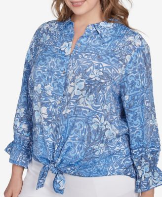 Plus Size Silky Floral Tile Button Tie Front Top