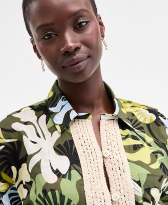 Women's Leaf-Print Crochet-Trim Shirt, Exclusively at Macy's