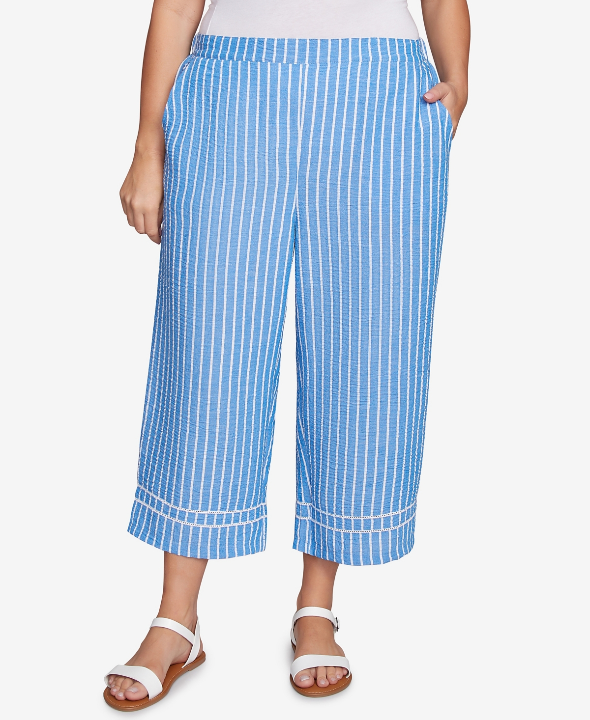 Plus Size Yarn Dye Stripe Relaxed Soft Capri Pants - French Blue Multi